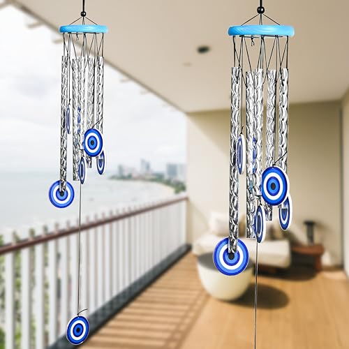 Image of ZAICUS 27-Inch Turkish Evil Eye Wind Chimes - Metal Hanging Decor for Home, Balcony, Living Room & Entrance - Positive Energy & Housewarming Gift for Women (Blue)