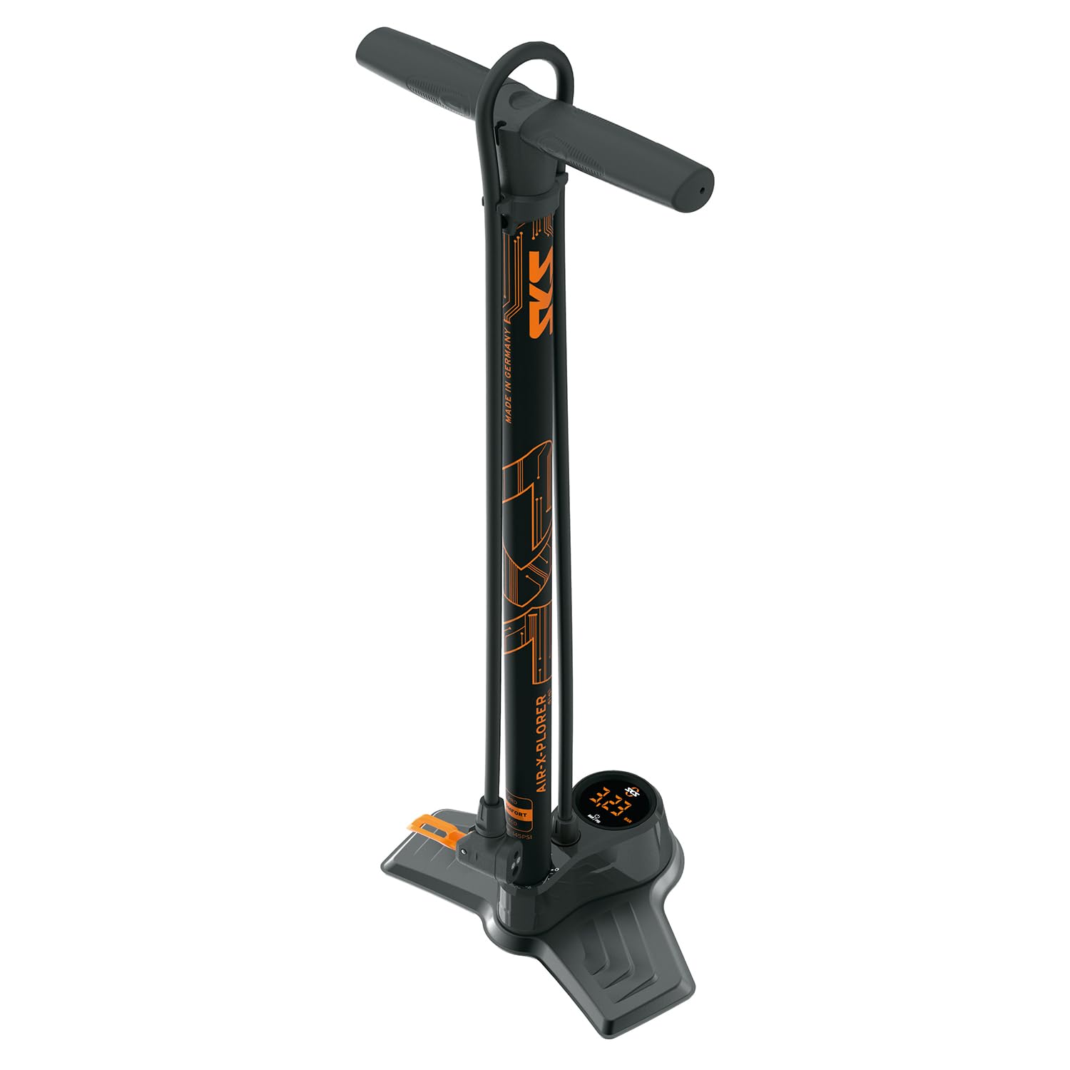 SKS GERMANY AIR-X-PLORER Digi 10.0 Pompe à air, Pompe à vélo (Pompe à Pied avec manomètre numérique à LED, précision de Mesure, tête de Valve Multi Valve, poignée Soft-Touch & Long Tuyau), Noir