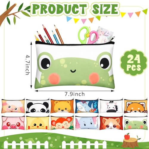 Image of Dispowreath 24 Pcs Cartoon Zipper Pencil Pouch Bulk Cute Cartoon Pencil Case Multicolored Cat Panda Pen Bag Stationery Spring Back to School First Day of School Gifts for Boys and Girls