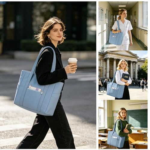 Image of CTWWFS Large Tote Bag for Women with Zipper, Nylon Lightweight Work Tote with 15.6 inch Laptop Sleeve, Nurse Bag for Work College