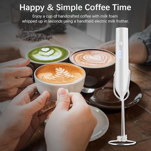 Image of Rechargeable Milk Frother with Stand,3-Speed Handheld Coffee Electric Whisk, Detachable Stainless Steel Frother Wand, Coffee Frother & Drink Mixer for Latte, Cappuccino, Hot Chocolate, Egg(White)