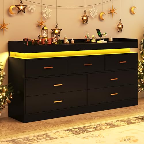 Image of jiteentarou 7 Drawer Dresser with Charging Station and LED Lights, Modern Chest of Drawers with Power Outlet, Organizer Cabinet for Bedroom, Living Room, Entryway, Black