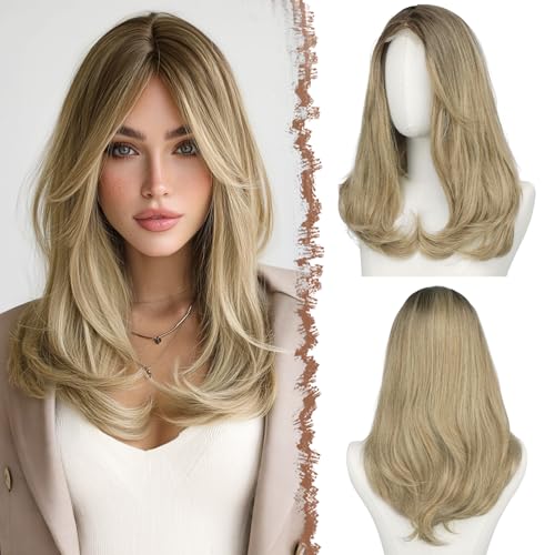 Image of FESHFEN Lace Front Hairline Wigs with Bangs, Synthetic Natural Looking Long Layered Straight Hair Wig for Women Daily Party Costume, 18 inch Ombre Mixed Blonde
