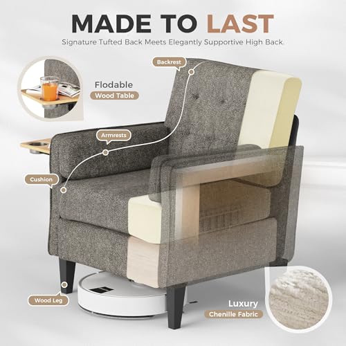 Image of Chenille Accent Chair, Mid Century Modern Arm Chair with Foldable Wooden Side Table & Cup Holder - Comfy Reading Chair for Bedroom,Living Room Chairs,Single Sofa Chair,Dark Grey