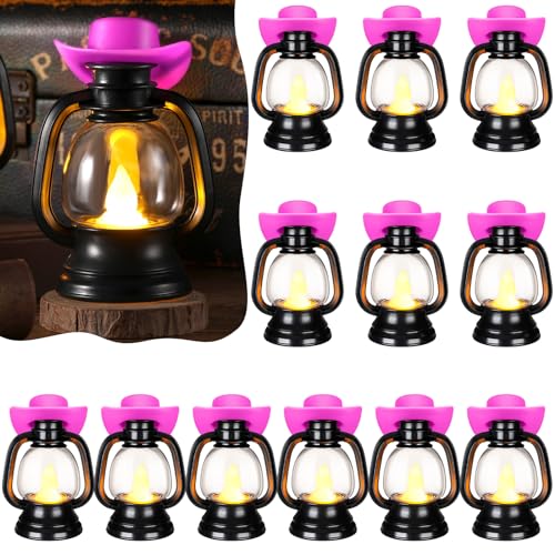 ROCEEI 12 Pieces Cowboy Hats Mini Lantern Western Cowgirl Small Lantern Decoration Retro Tiny Lamp with LED Candle Hanging Table Centerpieces Decor for Wedding Birthday Party Favor (Pink)
