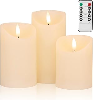 Flameless Candles LED Flickering Battery Operated Candles, Real Wax Pillar Electric Candles with 10-Key Remote Control Timer, Ivory Fake Candles for Wedding/Party/Christmas Decor, Set of 3