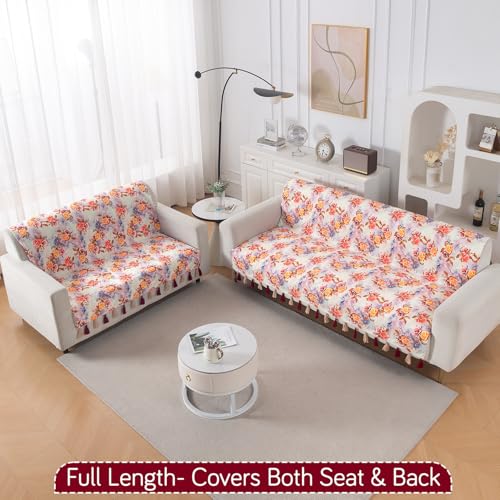 Image of HOKIPO 5 Seater Sofa Cover with Tassel in 3+2 Configuration | Full Protection for Seat and Back | Printed Holland Velvet Fabric | 'Whispers of Nature' | Vintage Rose Bloom (IN-1127+1126-D12)