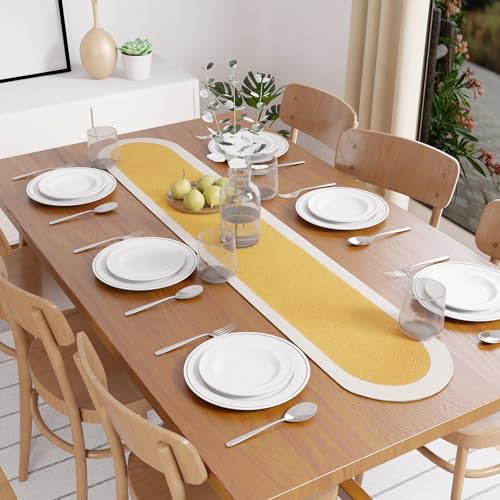 Image of Encasa XO Table Runner for 4 Seater | Handmade Ribbed Style Cotton | 30x137 cm | Yellow & Off White | for Dining & Center Table