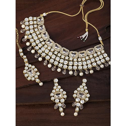 Image of Peora Crystal Choker Necklace with Maang Tikka Earrings Indian Traditional Bridal Wedding Jewellery Set for Women