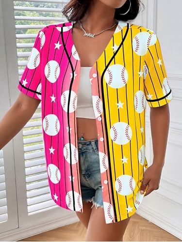 Image of Baseball Shirt Women Baseball Jersey Graphic Button Down Shirt Game Day Short Sleeve Tops