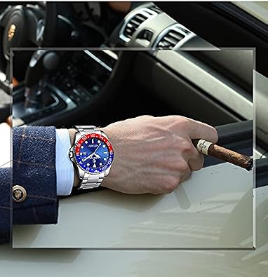 MASTOP Mens Watches Rotatable Bezel Business Wrist Watch Classic Silver Stainless Steel Waterproof Quartz Watch (Silver Blue red)