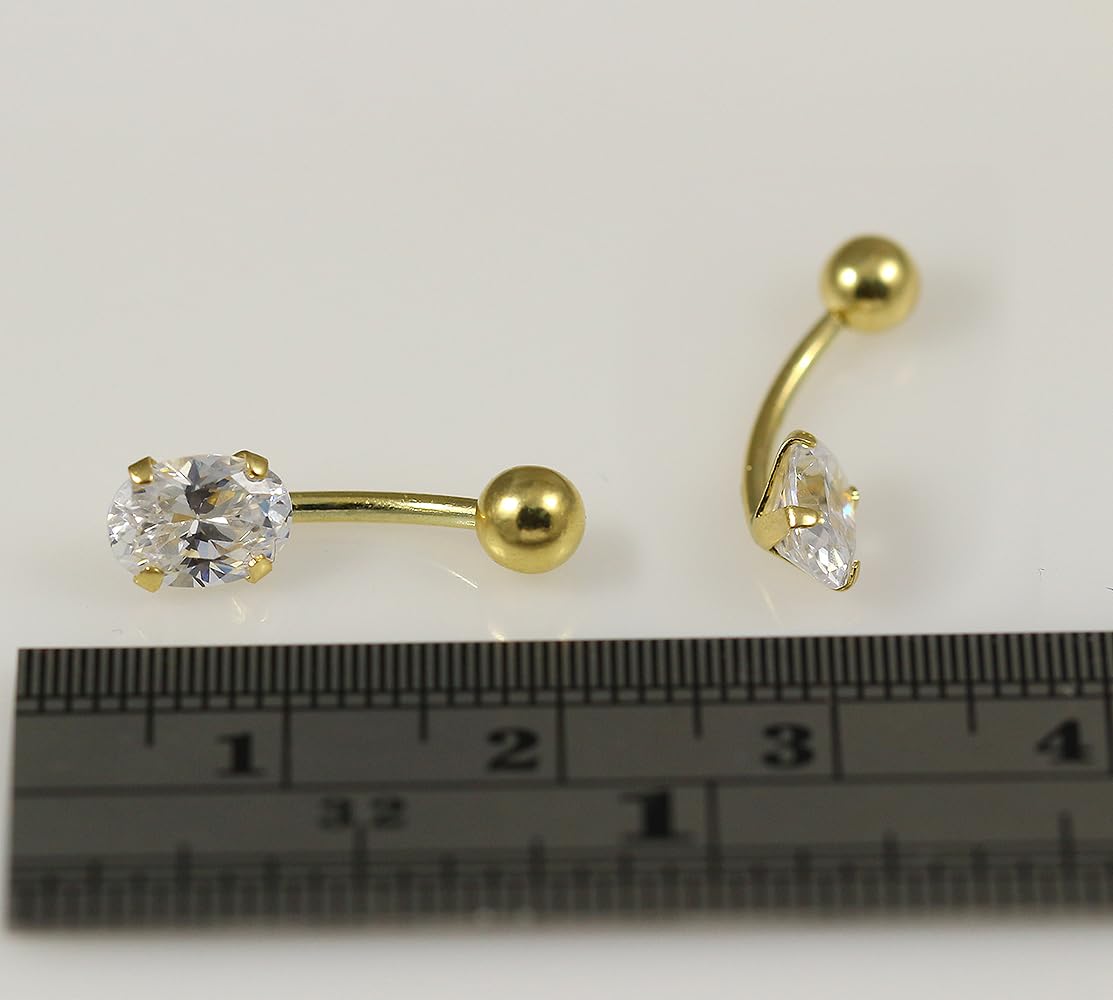 Piercing para ombligo de oro amarillo macizo de 14 quilates con circonita cúbica ovalada, calibre 16, joyería para ombligo, joyería para ombligo, anillos curvados de oro, 16 Gauge (