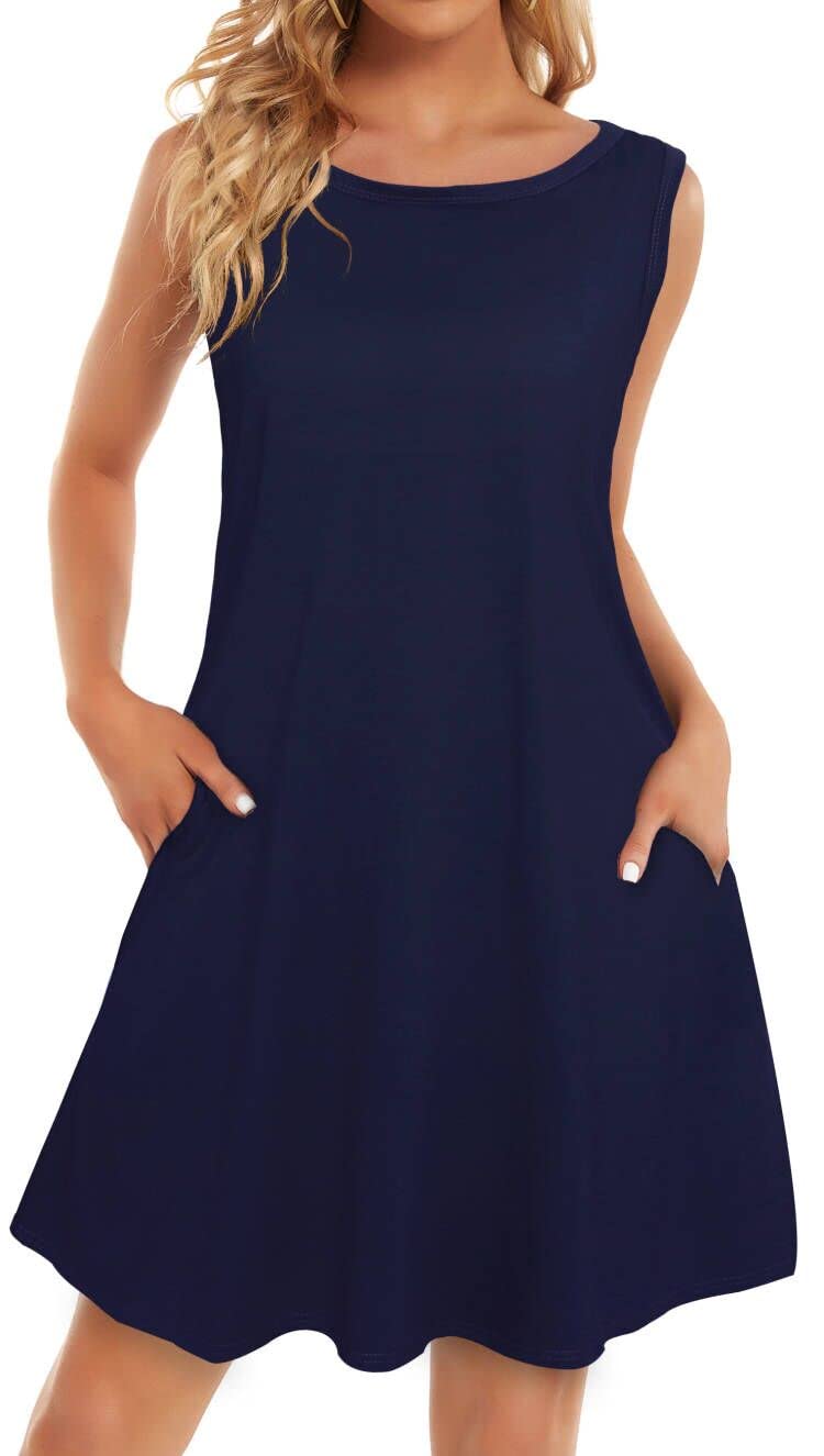 elescatSummer Dresses for Women Casual Sleeveless Tshirt Beach Flowy Tank Sundresses with Pockets