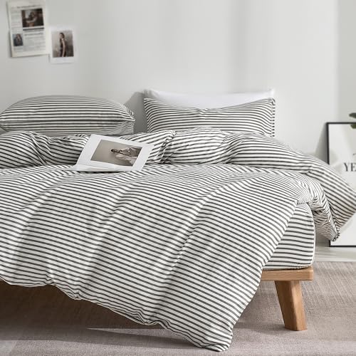 JELLYMONI 100% Natural Cotton 3pcs Striped Duvet Cover Sets,White Duvet Cover with Grey Stripes Pattern Printed Comforter Cover,with Zipper Closure & Corner Ties(Queen Size)