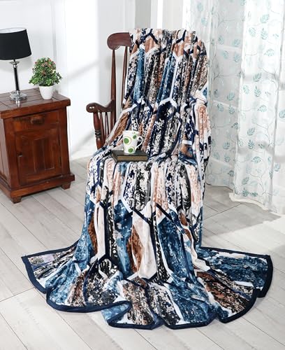 Image of Premium Ultra Soft Flannel Printed Single Blanket 220x160 cm| 200 GSM Warm & Cozy All Season AC Blanket| Lightweight Travel /Camping Throw for Sofa & Couch| Winter Duvet /Quilt- Blue & Beige