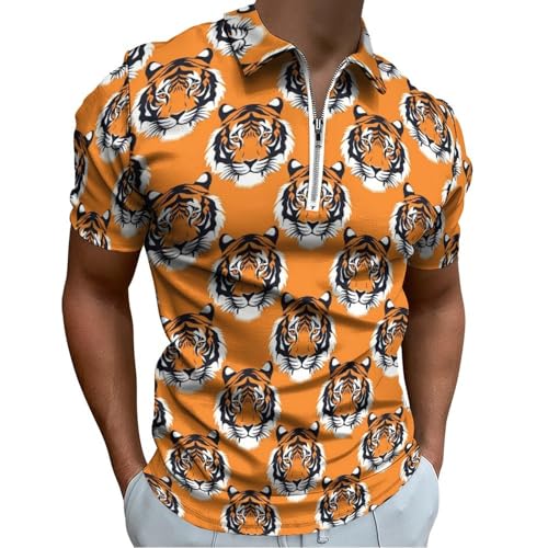 Cool Orange Tiger Print Polo Shirts for Men, Dry Fit Short Sleeve Funny Golf Shirts for Men Casual
