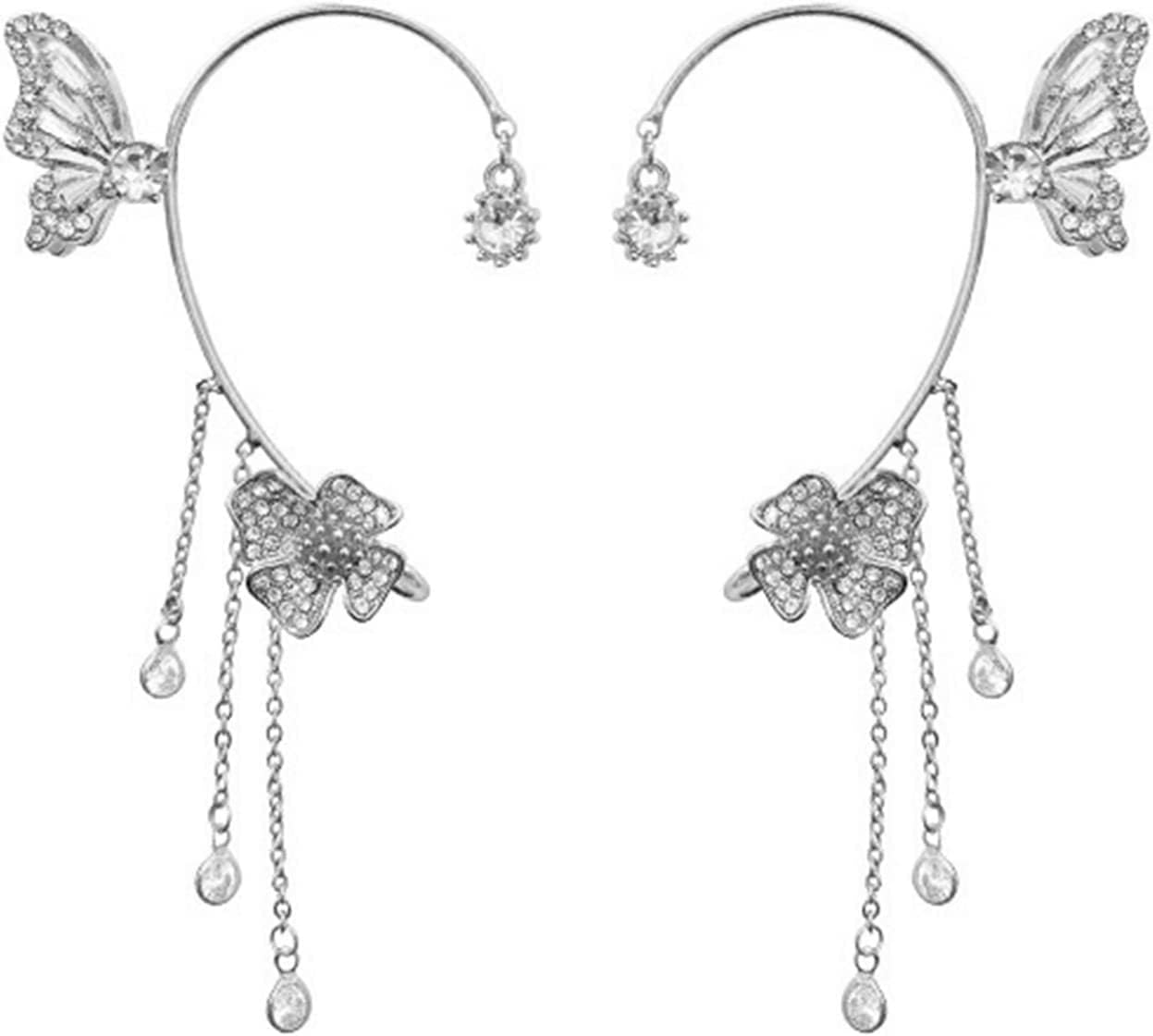 Shiny Zircon Butterfly Ear Clip, Drop Earrings, Tassel Style Non-Pierced Clips for Women and Girls - Jewelry Gift