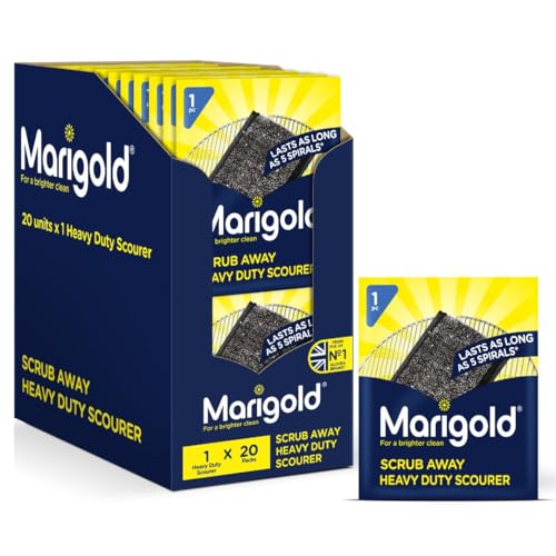 Marigold Scrub Away Stainless Steel Scourers - 20 Single Packs of Scouring Pads - Heavy Duty Non Scratch Metal Scourer - Easy to Clean - Tackles Tough and Burnt on Food