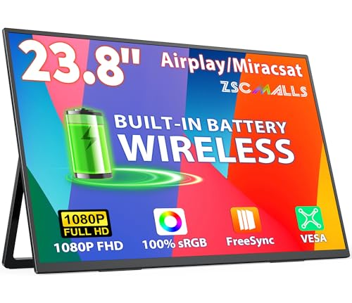 Image of ZSCMALLS 23.8 Inch Wireless Portable Monitor with Built‑in Battery, 1080P FHD IPS Display, AirPlay & Miracast Screen Casting, No App Needed, USB‑C DP Alt Mode & HDMI, VESA