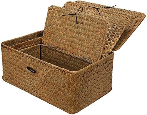 Wicker Storage Baskets with Lids, Natural Rattan Woven Rectangular Organizer Box, Seagrass Laundry Baskets Makeup Organizer for Bedroom Closet, Living Room, Household -(Set of 3)