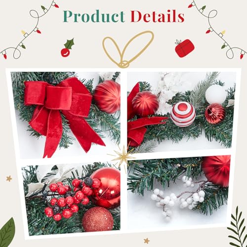 GarveeHome 6 Ft Pre-Lit Christmas Garland, Battery Operated Lighted Xmas Garland with 20 Lights & Timer, Christmas Garlands with Lights for Mantle Table Centerpiece Indoor Outdoor Decor, Red White