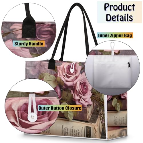 Art Rose Books Tote Bag for Women Large Beach Bag Reusable Tote Bags for Work Travel Beach Shopping4
