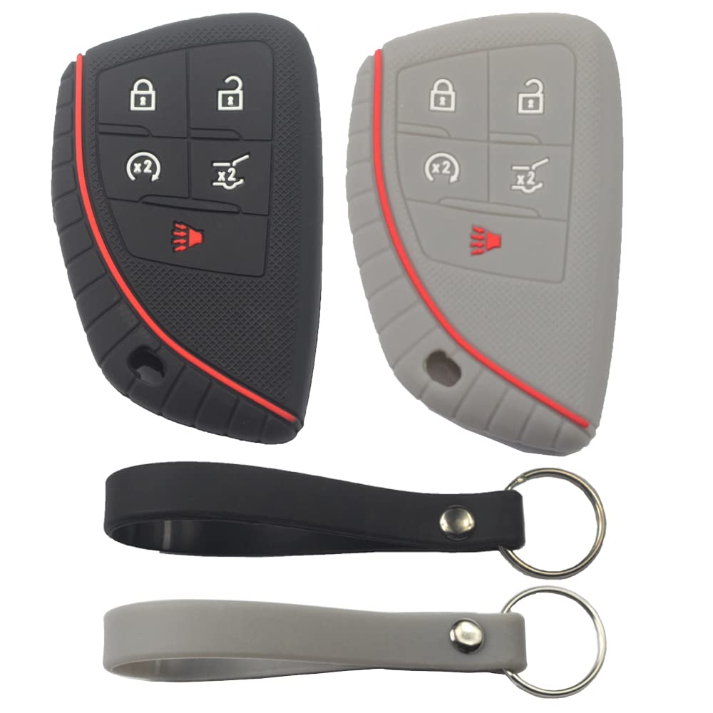 2Pcs Rubber Silicone 5 Buttons Smart Key Fob Cover Case Protector Keyless with Keychain Compatible with Chevrolet Chevy Suburban Tahoe Yukon 2021 2022 Black Gray