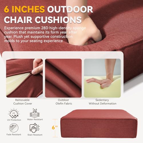 Image of 6 inch Thick Outdoor Chair Cushions - 24 inch* 24 inch Patio Furniture Cushions with Water Resistant & Removable Cover, 28D High Density Sponge Patio Cushion for Outdoor Furniture Couch Chair Red