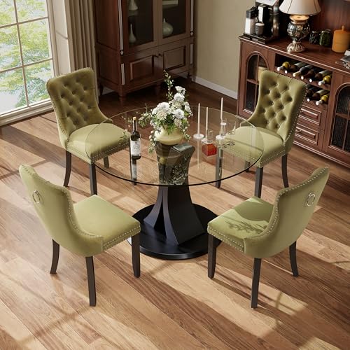 Image of 5-Piece Dining Table Set with 39In Tempered Glass Table and 4 Velvet Upholstered Chairs, Modern Scandinavian Furniture for Dining Room Kitchen(Olive Green)