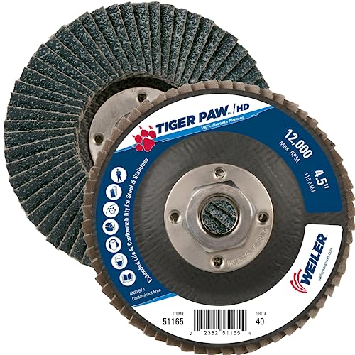 Image of Weiler 51165 Tiger Paw XHD Super High Density Abrasive Flap Disc, Type 27 Flat Style, Phenolic Backing, Zirconia Alumina, 4-1 /2 inch Diameter, 5 /8 inch-11 Arbor, 40 Grit, 12000 RPM (Pack of 10)