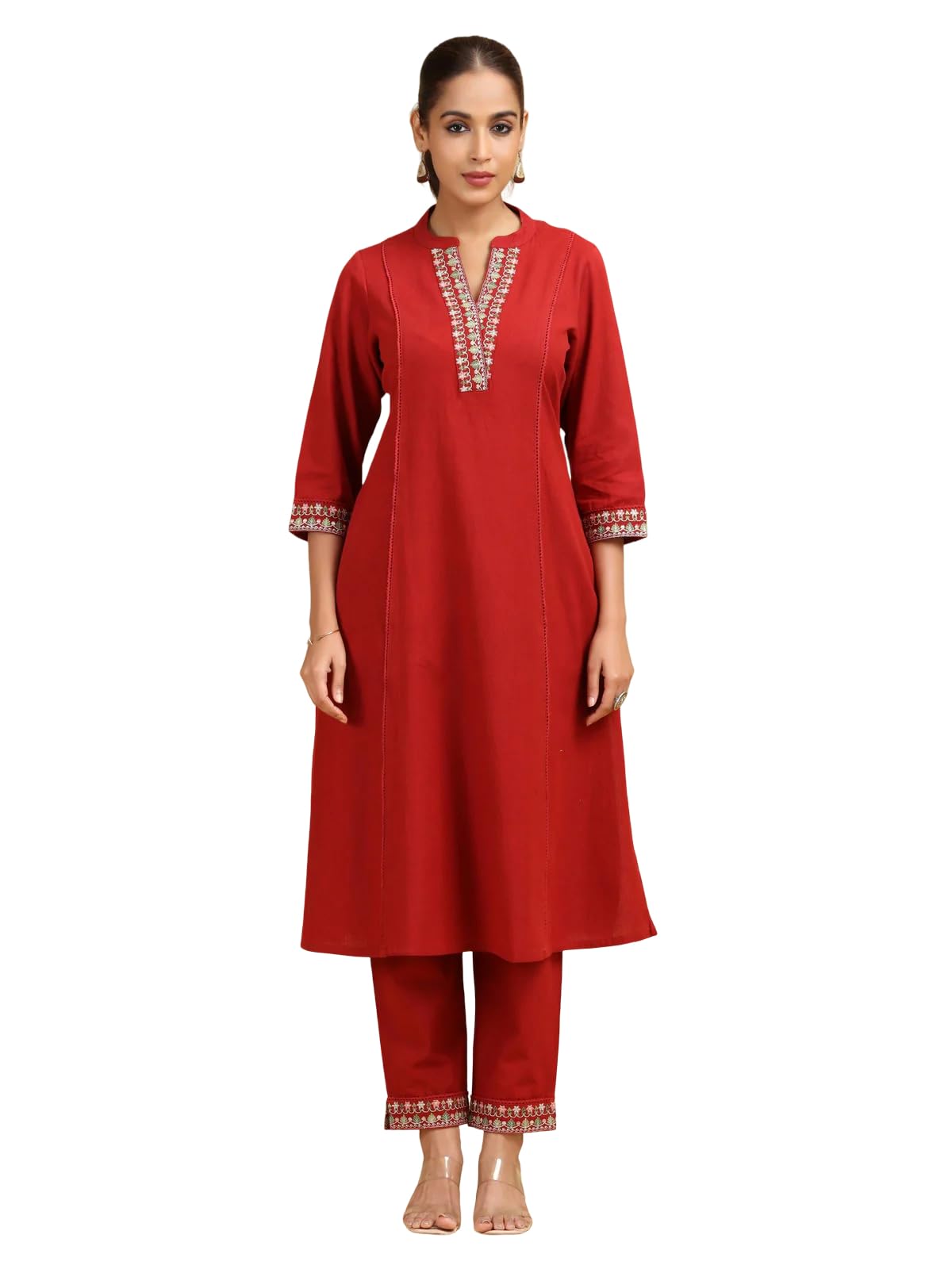 Red Embroidered A-Line Cotton Co-ord Set-image-37