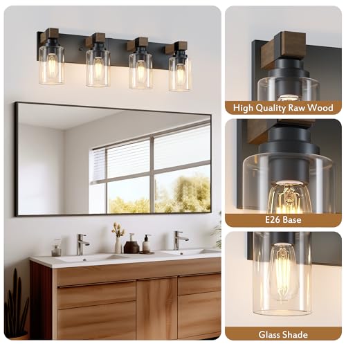 Image of Farmhouse Bathroom Vanity Light Fixtures, Rustic 4-Light Wood Vanity Lights for Bathroom, Vintage Black Wall Sconces Lighting, Light fixtures Over Mirror, with Glass Shade