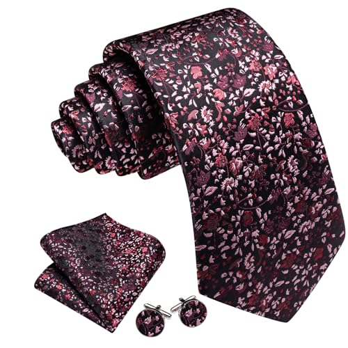 Image of Barry.Wang Flower Ties for Men Silk Woven Floral Tie Sets Necktie Handkerchief Cufflinks Wedding Party