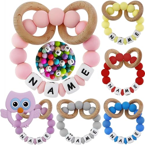 Personalized Baby Teether Ring with Name - Custom Silicone Rattle Teething Bracelet with Natural Beech Wood - Newborn Toddler Gift for Baby Girl or Boy (Pink, Purple, Blue, Grey, Green)
