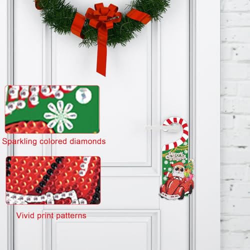 Image of AiYuanzsh Diamond Painting Christmas Door Sign Pendant Kits for Door Decoration, Christmas Santa Claus 5D Crystal Rhinestones Diamond Art Hanging Door by Number Kits Hanging Home Decor Gift
