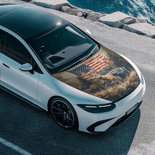 Image of American Flag Deer Car Hood Cover Protector 59x39 Inch Waterproof Sun Proof Car Hood Wrap Blankets Automotive Exterior Accessories for Most SUV Sedans Trucks Pickup