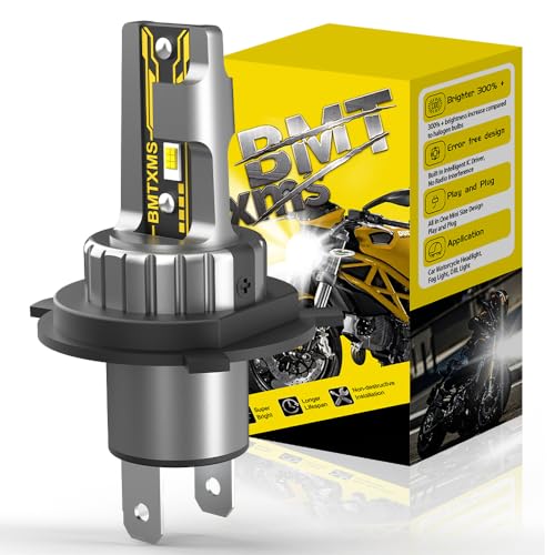 BMT xms H4 LED - 9003 HB2 LED Phare Moto Ampoule Feu de Route/Croisement - 600% plus lumineux 10000LM 6500K blanc éclatant, Pack de 1