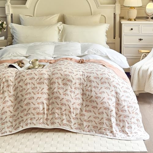 Image of SANACYNA 100% Cotton Muslin Blanket 6-Layer Gauze King Size Floral Bed Blanket Lightweight Soft and Breathable Blanket for Sofa Couch Bed Coverlet Keep Warm (Floral, King 90 inch X 104 inch)