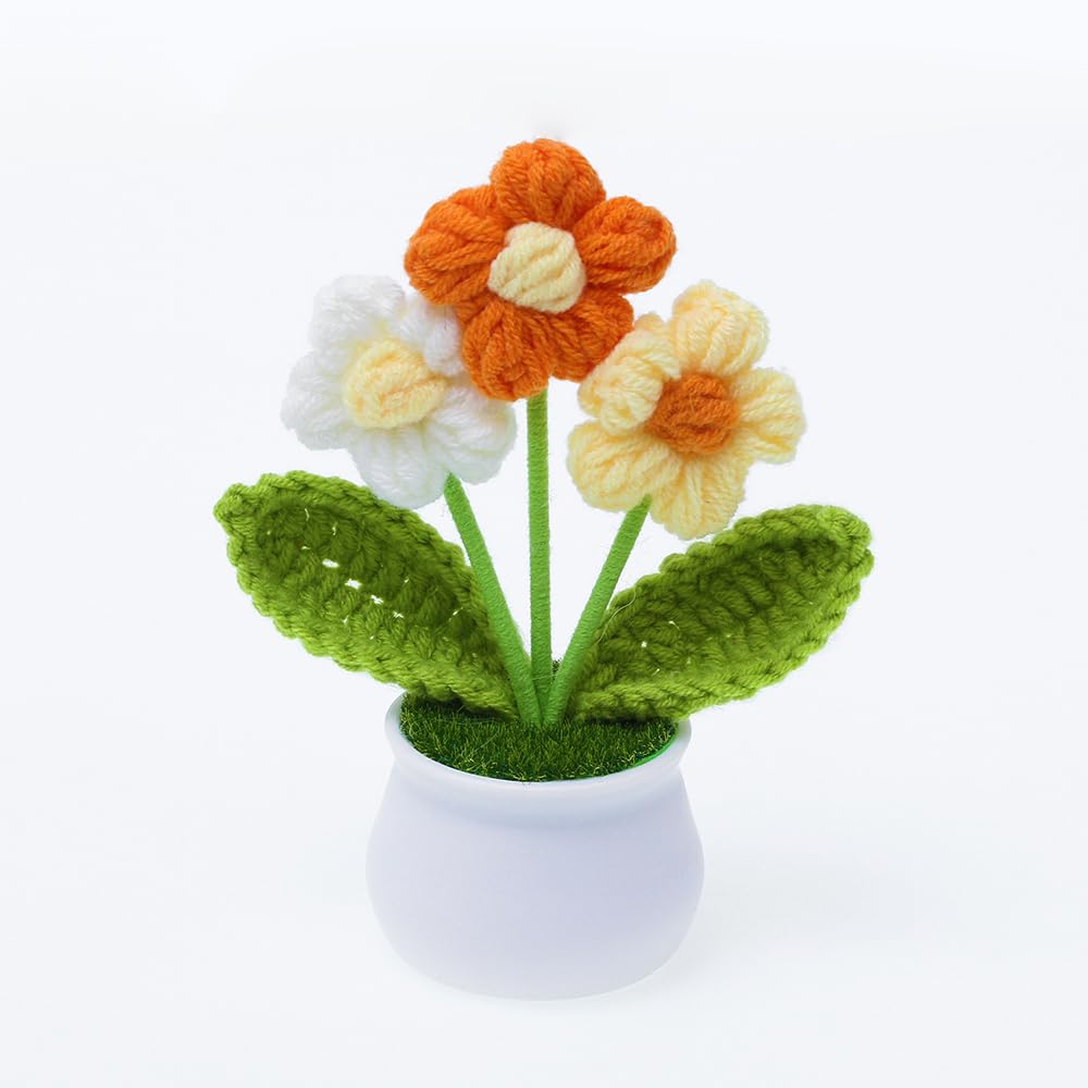 Crochet Flowers Artifical Small Patted Flowers for Office Desk Car Dashboard Decor Motivational Gifts for Women Handmade Knitted Flowers Home Decoration (Puff Flower Yellow)