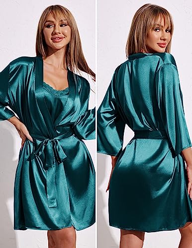 Ekouaer Women's Satin Robes for Bridesmaids 2 Pack Silk Nightgown and Dressing Gown Lace Cami Sleepwear with Robe S-XXL - Image 4