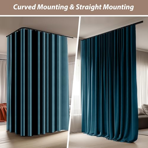 Image of Room Divider Curtains with Ceiling Curtain Track Set Window Curtain for Bedroom,Living Room Total Blackout Thermal Insulated Privacy Ceiling Track Curtain W 6 x H 6 FT Azure Blue drape&Black track