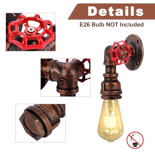 Image of Kawell Vintage Wall Light Fixtures Industrial Retro Wall Sconce Light Creative Water Pipe Wall Lamp Iron Art Single E26 60W Max for Bedroom Kitchen Restaurant Loft Cafe Bar Hallway, Red
