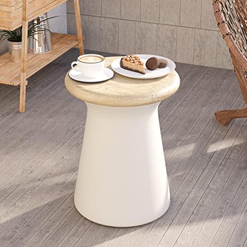 HOMPUS Unique Outdoor Concrete Side Table w Wood Grain Tabletop, Modern Vintage Mgo Patio end Table, Lightweight Mushroom-Shape Small Accent Table for Indoor Outdoor Use, Garden, Poolside, White