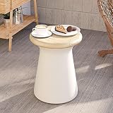 HOMPUS Unique Outdoor Concrete Side Table w Wood Grain Tabletop, Modern Vintage Mgo Patio end Table,