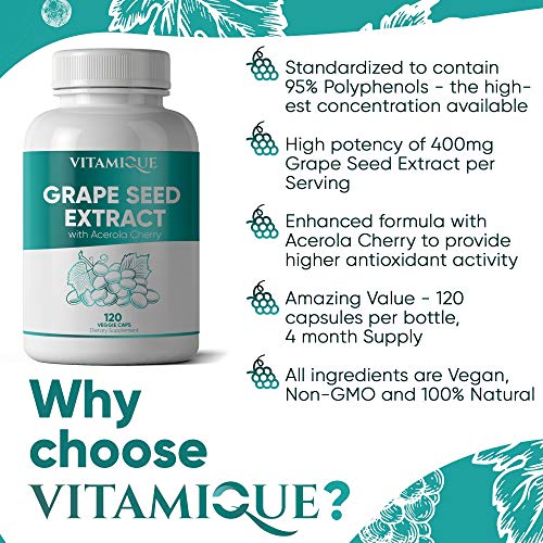 Grape Seed Extract Supplement 400mg with Acerola Cherry, 95% Polyphenols, Antioxidant Blood Pressure Immune Support*, 120 Veg Caps 4 Month Supply, Extra Strength Grape Seed Extract Herbal Supplement #5