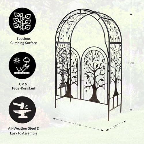 Image of Plow & Hearth Metal Tree of Life Arched Garden Arbor with Gate | 7 feet Tall Laser-Cut Design | Plant Support for Heavy Vines | Landscape Focal Point | Iron Steel