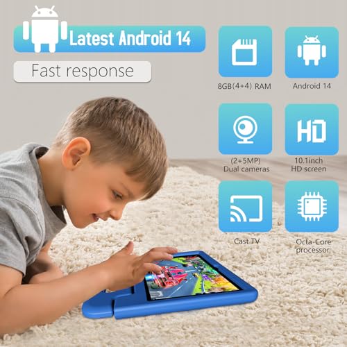 Image of YACXBTK Tablet for Kids Age 3-12 10.1 inch Android 14 6000mAh 8GB RAM+64GB ROM(Expandable to 1TB Kids Tablet WiFi6 Google Kids Space Parental Control 1280 * 800 HD Screen