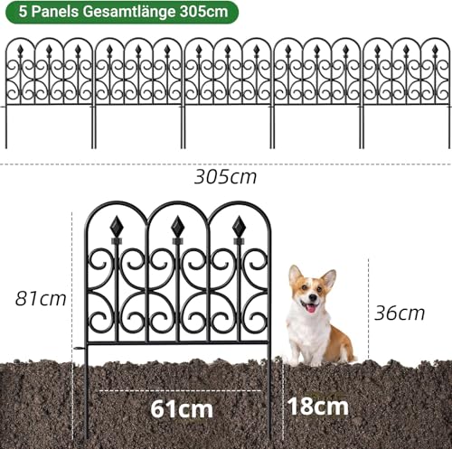 Amagabeli Metall Dekorativer Gartenzaun 81cm Hoch x 61cm Breit (5 Paneele, Gesamtlänge 3m) Steckzaun Ohne Buddeln, Wetterfester Beeteinfassung für Außenbereich, Blumenbeet, Hof, Tier