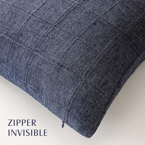 Image of Foindtower Set of 1 Decorative Linen Check Throw Pillow Cover Neutral Farmhouse Vintage Cushion Cover Modern Boho Home Decor for Sofa Chair Couch Bedroom Living Room,24x24 Inch,Navy Blue