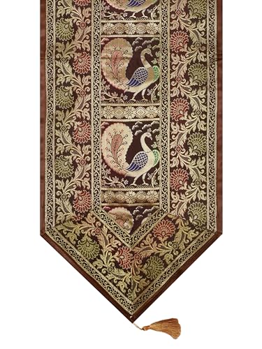 Image of Banarasi Brocade Zari Silk Table Runner Dinning & Centre Table Runner 177 By 30 CM (Brown, Peacock)